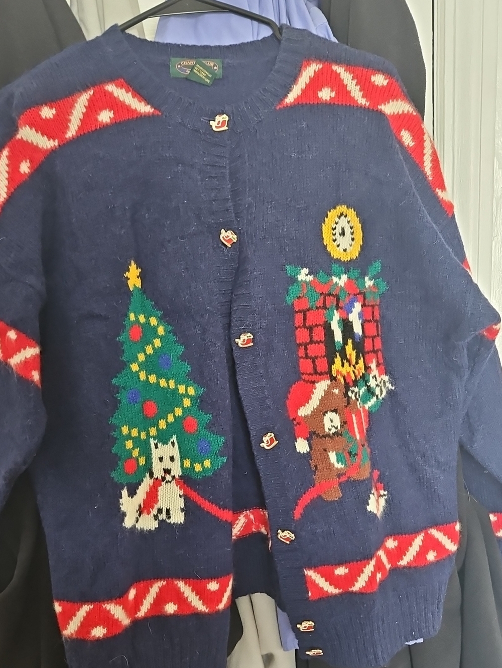 Charter Club Vintage Navy Holiday Cardigan  Christmas Tree & Dog Fireplace